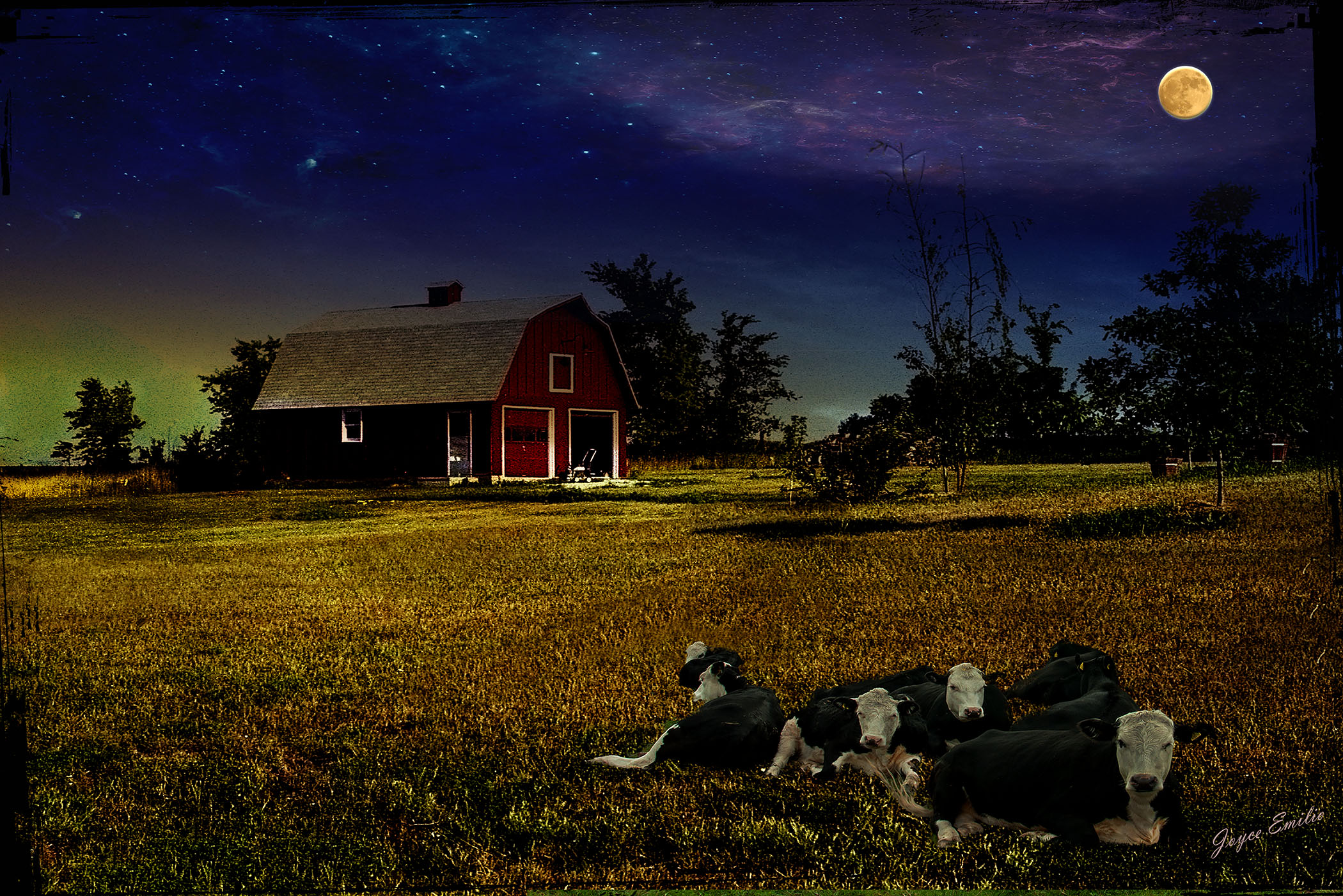 Barn And Cattle At Night Shift Art