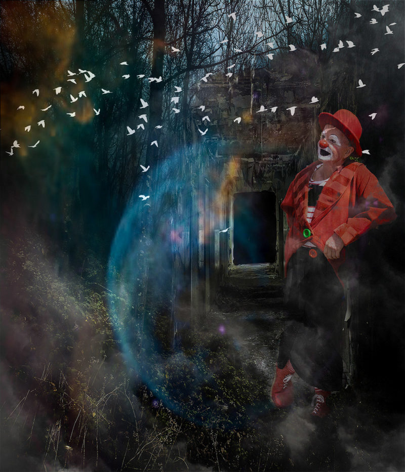 Clown in Forest Black Hole Time Machine by Lynn Mcneill